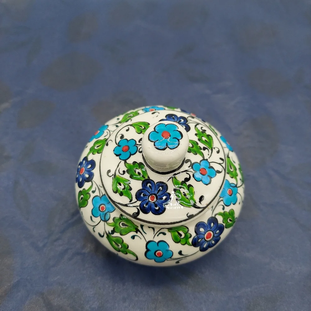 Turkish Sugar Bowl or Trinket Dish Kuthaya Blue Flowers Delicate